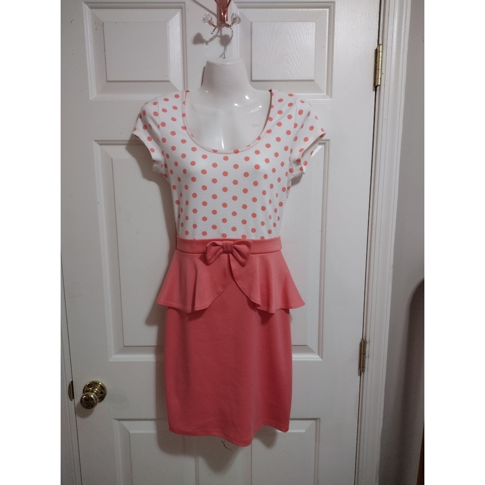 Polka Dot Peplum Y2K Business Casual Dress Coral/White Women's Size Small - Picture 2 of 11